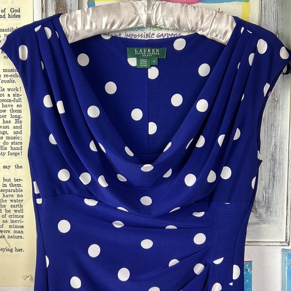 Lauren Ralph Lauren midi dress white, blue polkadot bodycon sleeveless sz. 4 - Picture 4 of 15